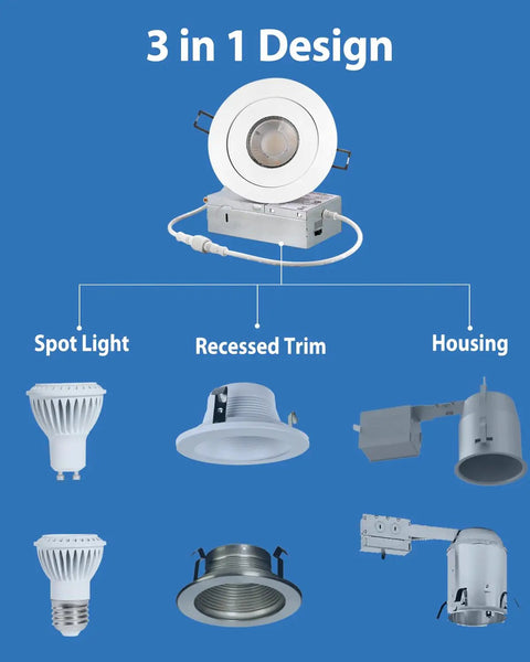 3 in 1 design of 4 Inch Gimbal LED Recessed Lights 6 Pack White Eyeball Canless Spotlight with spotlight, trim, and housing
