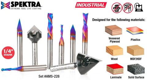 Heavy Duty Eight Piece CNC Router Bit Set For 3D Signmaking Crafted From Premium Carbide With Heat Resistant Ceramic Coating One Quarter Inch Shank, industrial bit set with diverse woodworking capabilities.