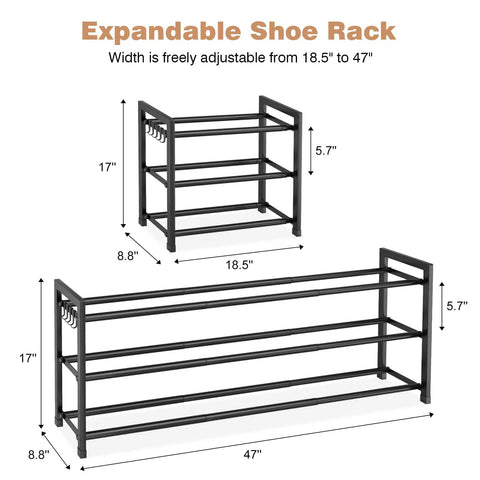 Expandable Shoe Rack With Adjustable Width From 18.5 To 48 Inches, 3 Tier Metal Shoe Organizer dimensions illustration.