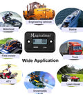 Image of inductive hour meter for gas engines and generators, mowers, pressure washers, marine gear, ATVs, dirt bikes, motorcycles, outboards, waterproof black gauge surrounded by various equipment applications such as motorboats, engineering vehicles, marine boats, field mowers, trucks, ATVs, snowmobiles, and lawn mowers.