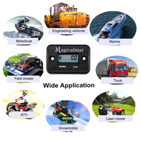 Image of inductive hour meter for gas engines and generators, mowers, pressure washers, marine gear, ATVs, dirt bikes, motorcycles, outboards, waterproof black gauge surrounded by various equipment applications such as motorboats, engineering vehicles, marine boats, field mowers, trucks, ATVs, snowmobiles, and lawn mowers.