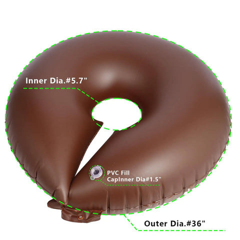 3 Pack 15 Gallon Tree Watering Ring Bags For Deep Root Watering, showing PVC fill cap, brown reusable PVC material with dimensions