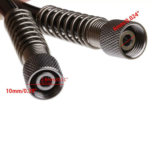 Close-up of Heavy Duty Flexible Polyurethane Recoil Air Hose featuring automatic snap back retrieval, showing detailed connectors.