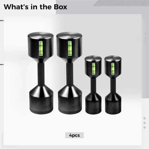 2 Piece Aluminum Flange Dowel Pin Set With Foam Spirit Level Alignment, Adjustable Height, Black Coating, Four Sizes