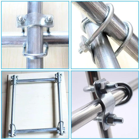 Five Piece Double U Bolt Pipe Clamp Set For 1.5 By 1.5 Inch Pipe Galvanized Steel Greenhouse Scaffolding Connector Quick Install For Easy Assembly And Beefy Strength