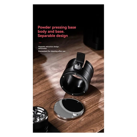 Real Deal Aluminum Espresso Tamper Station With Solid Portafilter Holder And Quick Snap Knock Block For Smooth Pulls Black Grounds Catcher Pro Shop Gear, showing the powder pressing base and detachable design.