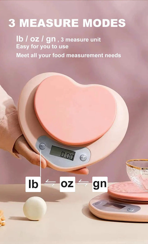 Pink Kitchen Scale With Large LCD Display And Tare Function 11 Lb Capacity 0.03 Oz Graduation showcased with measuring modes.