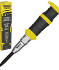 Smooth Operator Automatic Variable Force Center Punch Precision Scribe Tool For Job Site Metal Wood Marking Anti Wander Drill Starter With Rock Solid Spring Action with ergonomic yellow and black handle.