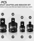 Four Piece Impact Socket Adapter And Reducer Set For One Quarter Three Eighths And One Half Inch Drives Impact Driver And Wrench Conversion Kit Socket Reducers Premium CR MO Steel shown in four sizes on white background