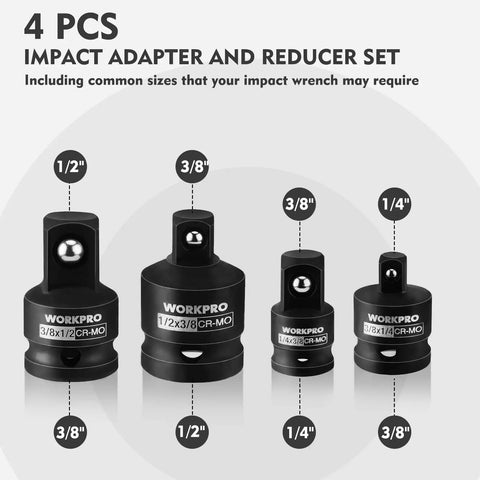 Four Piece Impact Socket Adapter And Reducer Set For One Quarter Three Eighths And One Half Inch Drives Impact Driver And Wrench Conversion Kit Socket Reducers Premium CR MO Steel shown in four sizes on white background