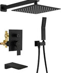 Waterfall Shower System With Tub Spout And Handheld Shower Head, 10-In Rain Shower Faucet Set, Matte Black, Brass Built, Wall Mount