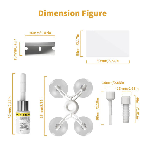 Components of Auto Glass Windshield Chip And Crack Repair Kit With Repair Fluid For Cars Trucks RVs And Sedans Quick Fix