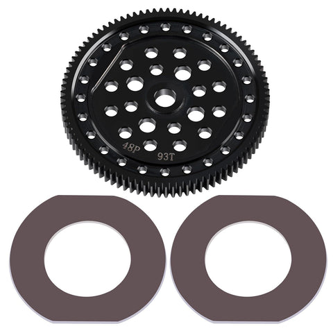 Steel Main Gear 48P Spur Gear 87T 93T For ECX 1/10 2WD RC Cars with shims, black alloy gear with holes for air cooling.