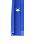 Close-up of a blue anodized double cut profile T track from Four 48 Inch Aluminum T Tracks With Screws For Woodworking.