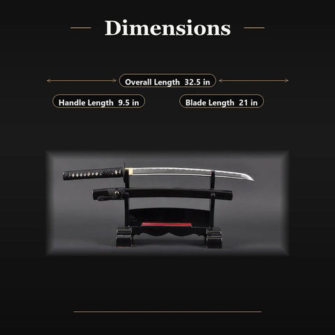 Wakizashi Iaito Training Sword with Unsharpened Aluminum Alloy Blade 21 Inch Fullered Groove on black stand with dimensions above