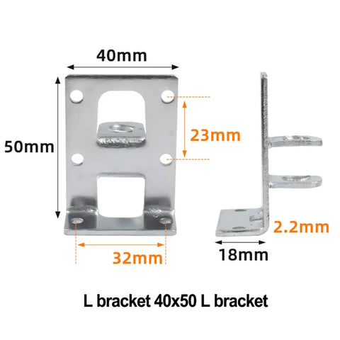 40x50mm metal L bracket with dimensions shown, front and side view.