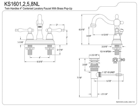 Heritage Centerset Lavatory Faucet With Brass Pop Up Drain In Polished Brass Solid Brass Construction Drip Free Ceramic Disc Cartridge diagram