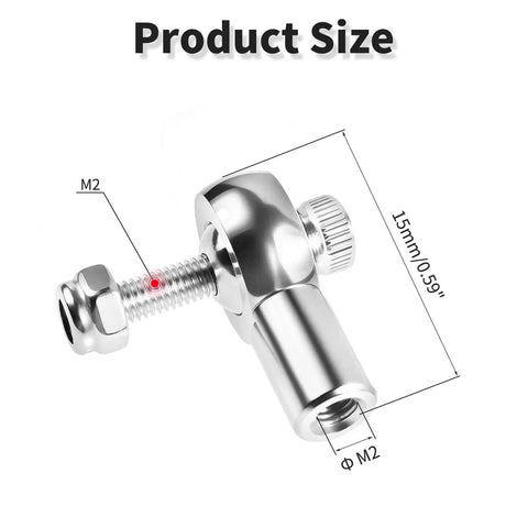 M2x15mm Tie Rod End Ball Head With Screws For Model Aircraft, Silver Aluminum Build, Copper Ball Tip, Rock Solid Joint For Tight, Precise Linkage And Smooth Steering. product size diagram with M2 thread and 15mm length