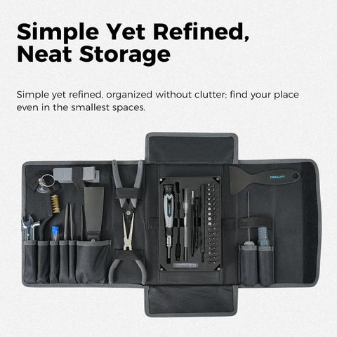 Front view of Creality 3D printer tools kit in a black roll-up case; 74-piece set with pliers, tweezers, and cleaners.