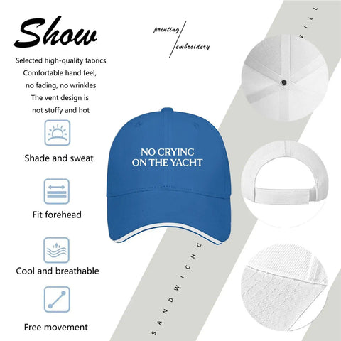 No Crying On The Yacht Golf Hat For Daughter Blue Dope Lightweight Foldable Adjustable Cap on white background with features chart