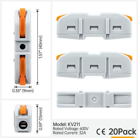 20 Pcs 1 Conductor Inline Wire Connectors For 24 To 12 AWG Circuits, Compact Splice Levers, Orange Insulated Quick Connectors For Safe Electrical Wiring And Reliable Connections