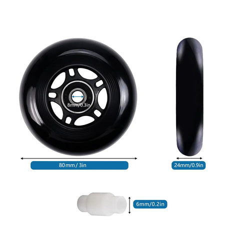 Inline Skate Wheels 64mm 70mm 72mm 76mm 80mm Set With ABEC 9 Bearings For Indoor And Outdoor Use 8 Pack 85A Durometer 24mm Thick Durable Replacement Wheels For Roller Hockey And Skates showing 80mm wheel with dimensions.