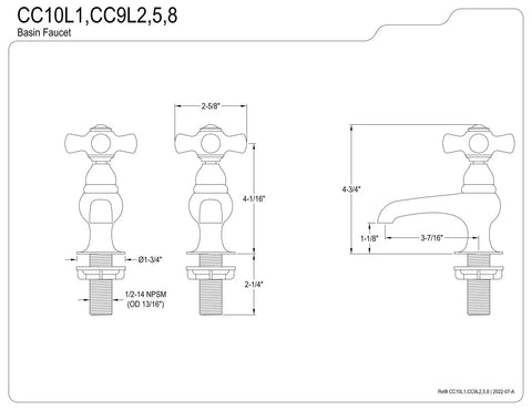 Technical diagram of Vintage Polished Brass Basin Faucet Solid Brass Build Deck Mount 2 Hole Tap With One Point Two GPM Flow At Sixty PSI