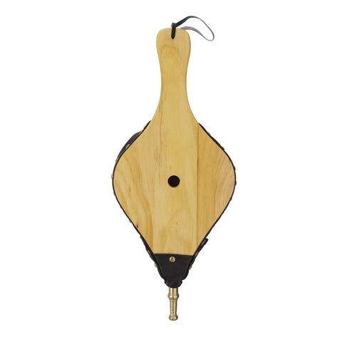 Top Shelf 19 Inch Oversized Fire Bellows Hand Carved From Dense Oak Wood With Genuine Leather Accents And Rustic Studs visible from top.