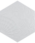 White Hex Porcelain Tile For Floor And Wall, 8.63 In Width By 9.88 In Length, embossed texture design, smooth glazed finish.