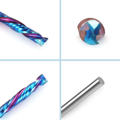 HQMaster 1/8-inch shank compression end mills set of 5; blue-coated tungsten carbide CNC router bits