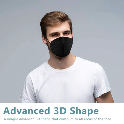 Person wearing KN95 Face Mask 40 Count 5-Ply Cup Design Dust Protection Masks Breathable Filtration Against PM2.5 Black Color