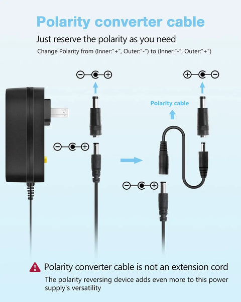 Diagram showing polarity converter cable with All In One Plug And Play Adjustable Power Supply 3V To 12V 30W and 14 tips.