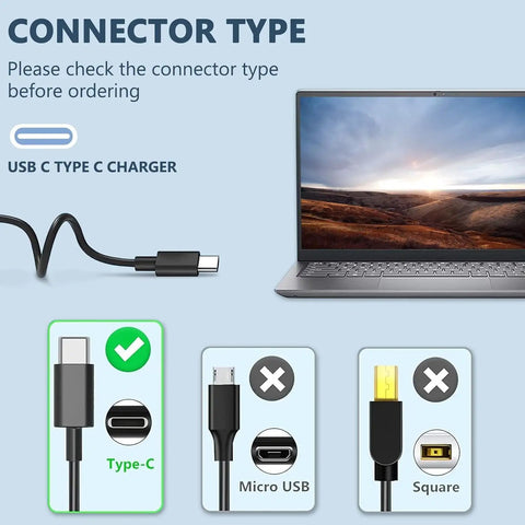 100W USB C Power Adapter Fast Charger For MacBook Pro Air 13 14 15 16 Inch And Other Laptops Like Lenovo Acer Dell Asus PD 3.0 Smart Sense Auto Adjustable Power Up To 96W 90W 67W 45W Universal USB C Charger, USB-C connector guide