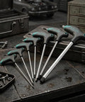 Check Out This Awesome T Type Hex Key Set With 7 Pieces That Make Auto Repair And Furniture Assembly Super Easy And Provide Serious Grip For Stripped Bolts. 7-piece steel T-handle hex key set on workshop bench