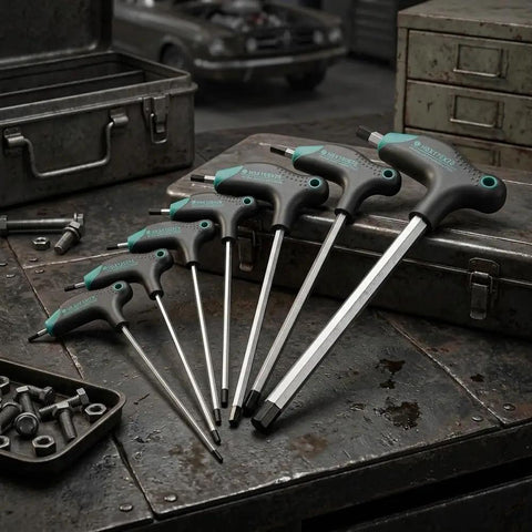 Check Out This Awesome T Type Hex Key Set With 7 Pieces That Make Auto Repair And Furniture Assembly Super Easy And Provide Serious Grip For Stripped Bolts. 7-piece steel T-handle hex key set on workshop bench