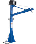No Sweat Industrial Workhorse 115V AC Jib And Davit Crane With 1500 Lb Capacity 360 Degree Swivel Blue Powder Coated Steel structure.
