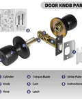 10 Pack Matte Black Privacy Door Knob Set With Keyless Round Locks, cylinder, torque blade, strike plate diagram