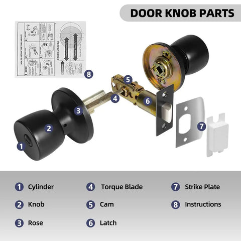 10 Pack Matte Black Privacy Door Knob Set With Keyless Round Locks, cylinder, torque blade, strike plate diagram