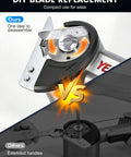 High Performance Electric Cardboard Cutter Featuring Four Adjustable Speeds And Sharp Stainless Steel Blades That Cut Smooth As Butter Through Fabric Leather And Thick Packages With Zero Sweat Or Mess. DIY blade replacement illustration.