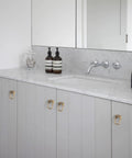 Champagne Bronze Cabinet Pulls Six Pack Modern Zinc Alloy Finger Drawer Pulls installed on kitchen cabinets