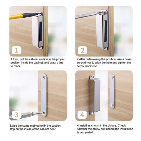 Step-by-step installation of Heavy Duty 30 Lb Stainless Steel Cabinet Magnetic Door Catch Set Built To Last With Tough As Nails Strong Pull Magnetic Latch For Kitchen Cupboards Wardrobes Closets And Drawers 2.1 Inch Silver Finish 6 Pack