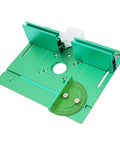 Heavy Duty Anodized Aluminum Router Lift Tool With Knockout Height Calibration And Rock Solid Flip Base Insert Plate top view with measurement scale.