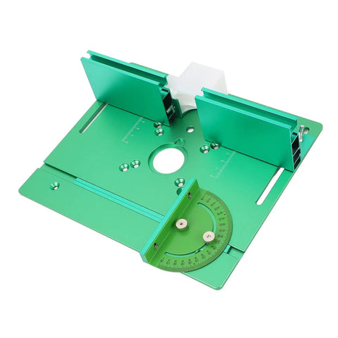 Heavy Duty Anodized Aluminum Router Lift Tool With Knockout Height Calibration And Rock Solid Flip Base Insert Plate top view with measurement scale.