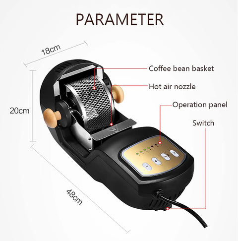 Top Notch Electric Coffee Roaster Rocking A Heavy Duty Stainless Steel Drum With Slick One Knob Control with operation panel and switch details.