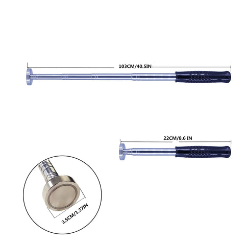Retractable Magnetic Pickup Tool With 35 Lb Pull Telescoping Extension from 8.6 to 40.5 Inches shown extended and retracted