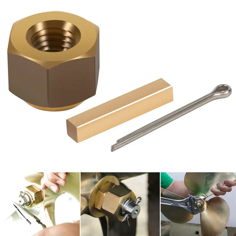 Brass Prop Nut Kit For Inboard Boats That Fits One Inch And One Eighth Inch Shafts Upgrade Your Ride With A Direct Replacement For Worn Or Broken Prop Nuts On Mastercraft Nautique Malibu Supra Sanger Axis Correct Craft And More showing brass nut, key, and cotter pin with installation images.