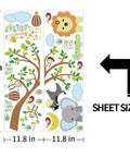 Two vinyl sheets with Kid Friendly Jungle Animal Wall Stickers Set With DIY Monkey Elephant Giraffe Zebra Lion Bird Tree Moon And Hot Air Balloon Vinyl Forest Decor For Baby Nursery Kids Room Removable Non Toxic Safe For Children showing forest animals and hot air balloon.