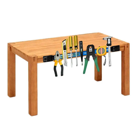 Wooden table with tools on Four Piece 12 Inch Magnetic Tool Bar Set For Garage And Workshop, Heavy Duty Black Metal Organizer That Holds About 20 Pounds Per Bar, Durable Carbon Steel