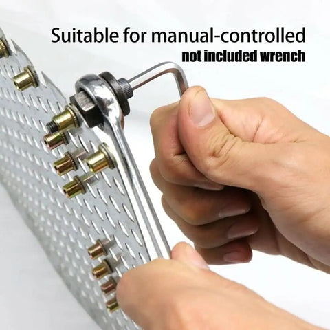Rivet Nut Tool Mandrels Kit For M3 To M10 being manually operated with wrench, alloy steel, interchangeable mandrels visible