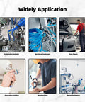 Quick-connect air hose fittings kit; collage showing uses in automation, workshop, auto repair, painting, woodworking.
